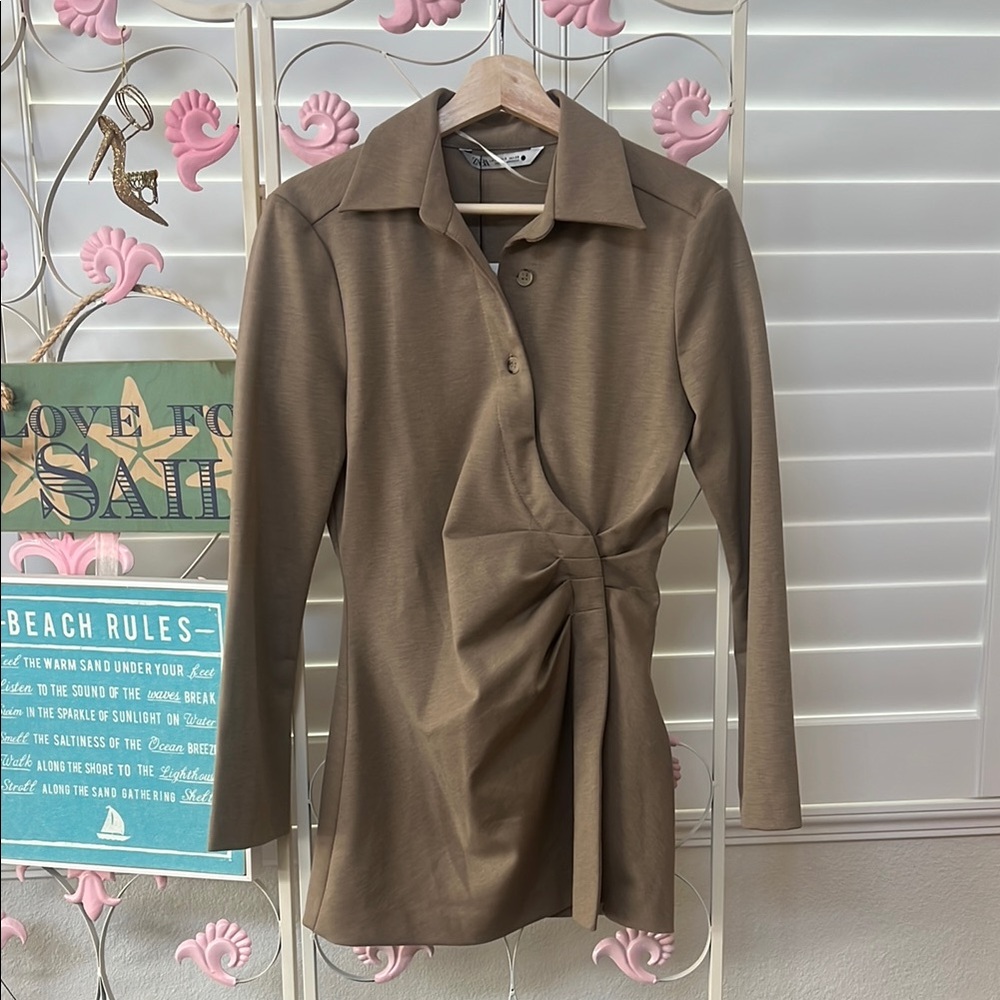 Zara Tan Blouse with Classic Collar